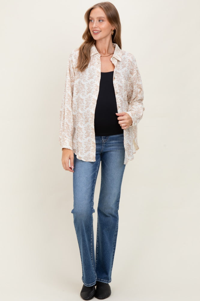 Mocha Floral Cotton Gauze Oversized Button-Down Maternity Shirt