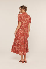 Rust Printed Button Up Tiered Midi Dress