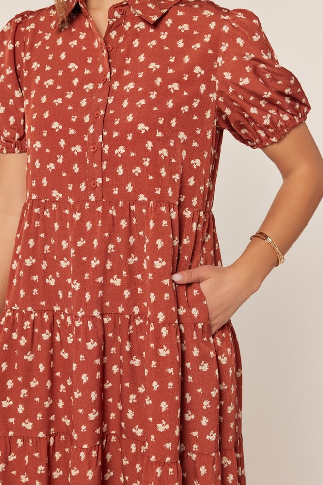 Rust Printed Button Up Tiered Midi Dress