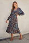 Teal Paisley Print Smocked Waist Tiered Midi Dress