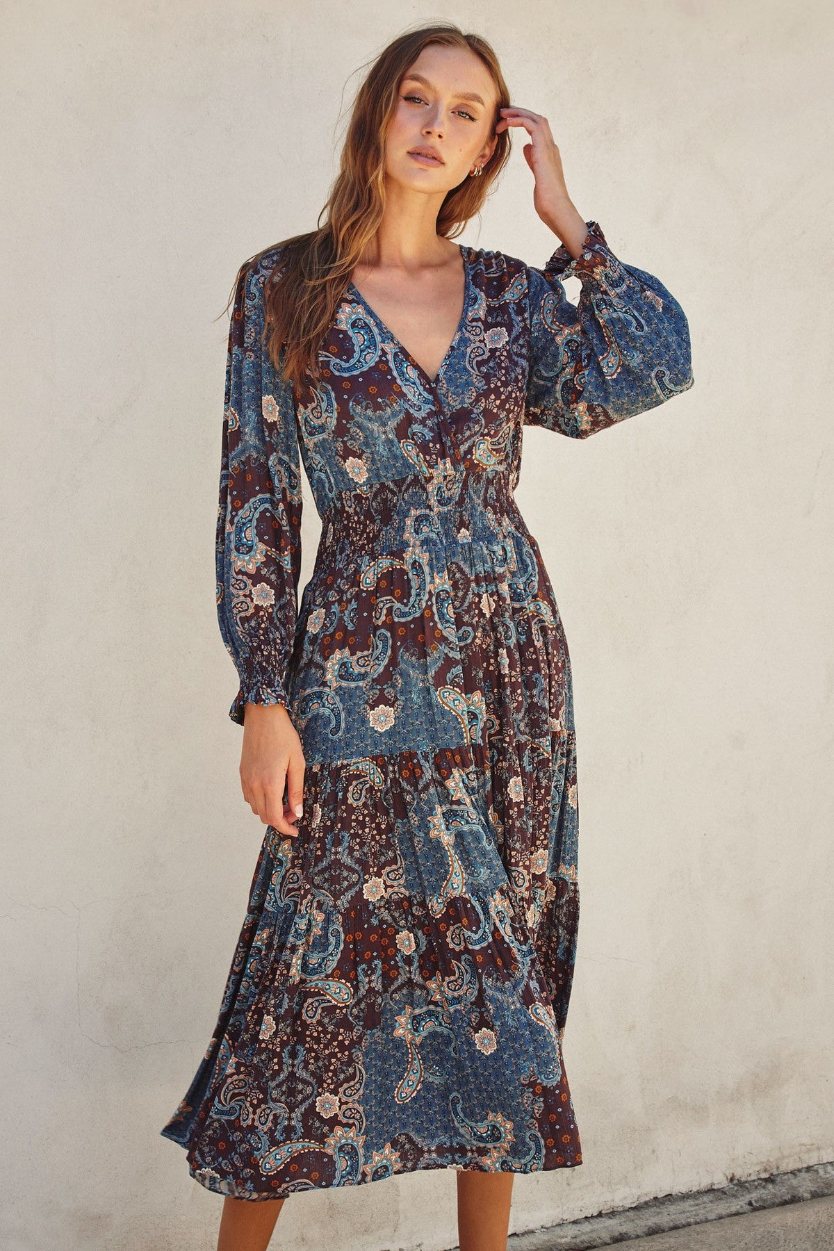Teal Paisley Print Smocked Waist Tiered Midi Dress