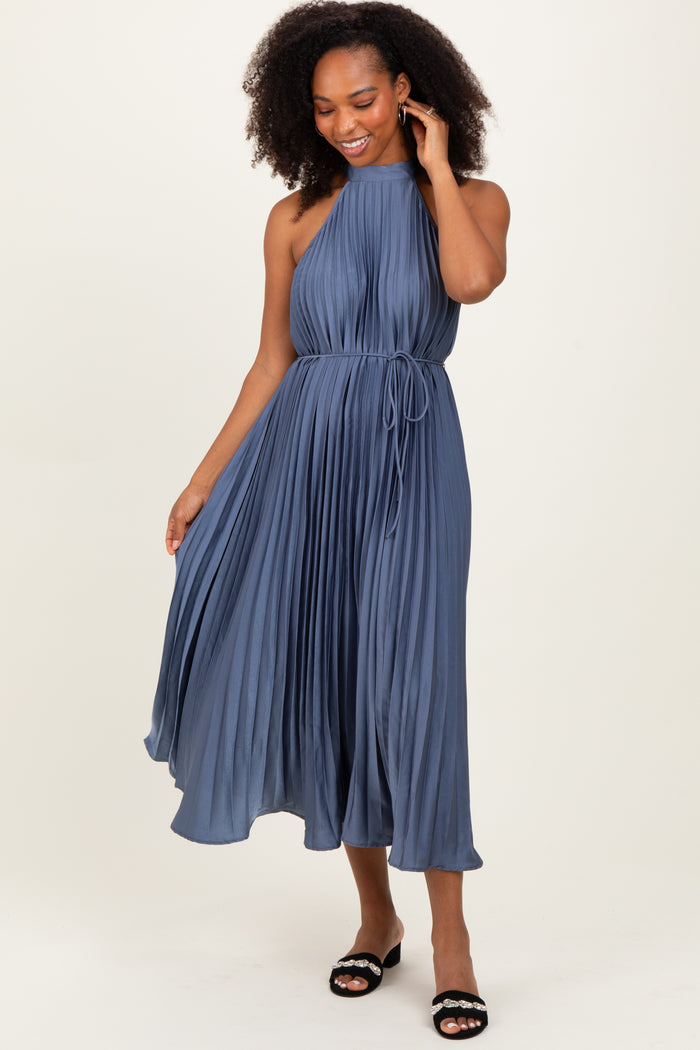 Navy Blue Pleated Maternity Halter Dress