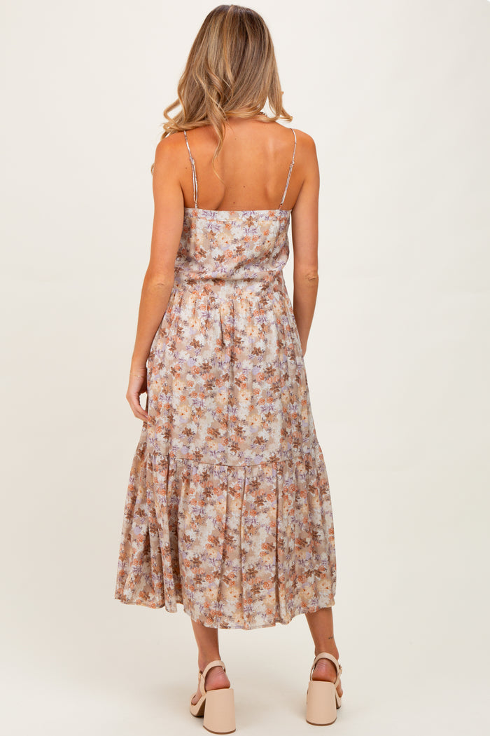 Taupe Floral Front Button Sleeveless Maternity Midi Dress
