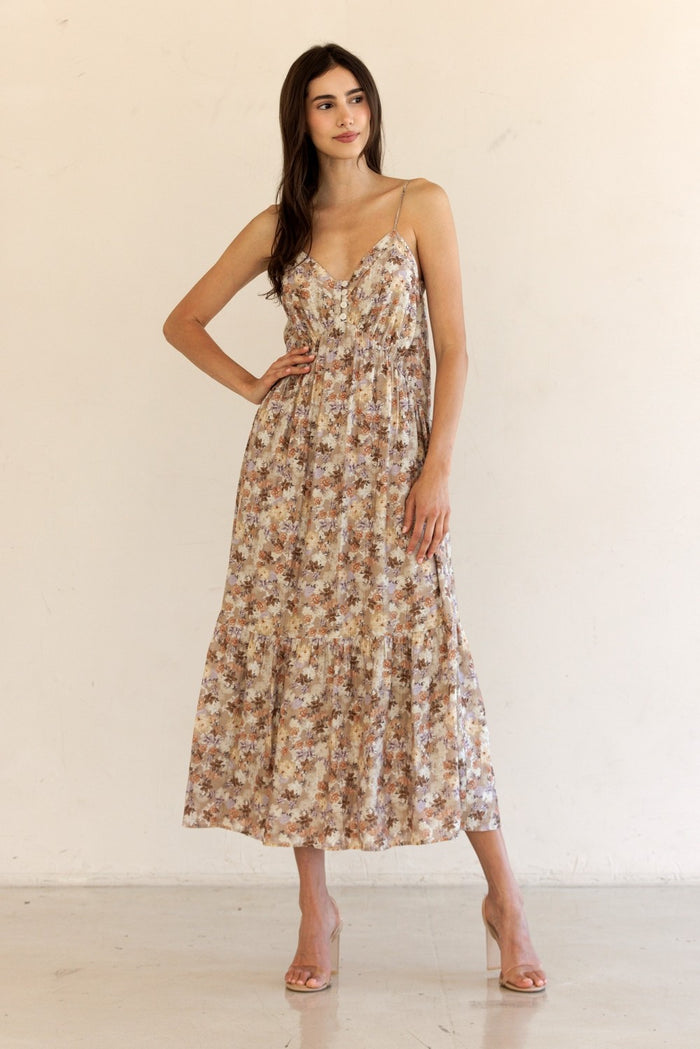 Taupe Floral Front Button Sleeveless Maternity Midi Dress