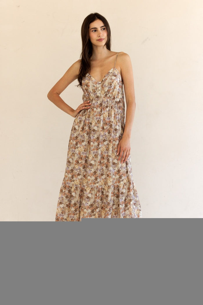 Taupe Floral Front Button Sleeveless Midi Dress