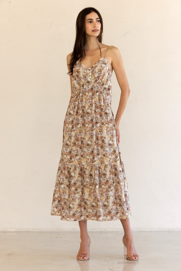 Taupe Floral Front Button Sleeveless Midi Dress