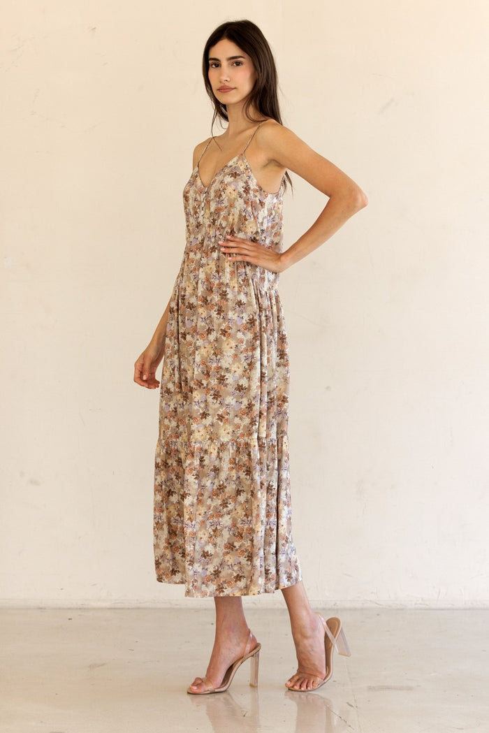 Taupe Floral Front Button Sleeveless Midi Dress