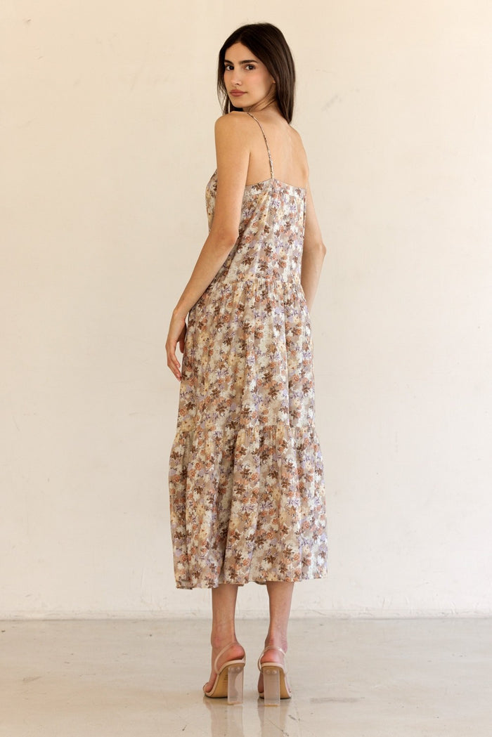 Taupe Floral Front Button Sleeveless Midi Dress