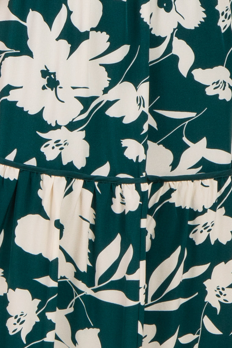 floral print dress in green and white with a tiered skirt and a relaxed fit.