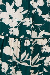 floral print dress in green and white with a tiered skirt and a relaxed fit.
