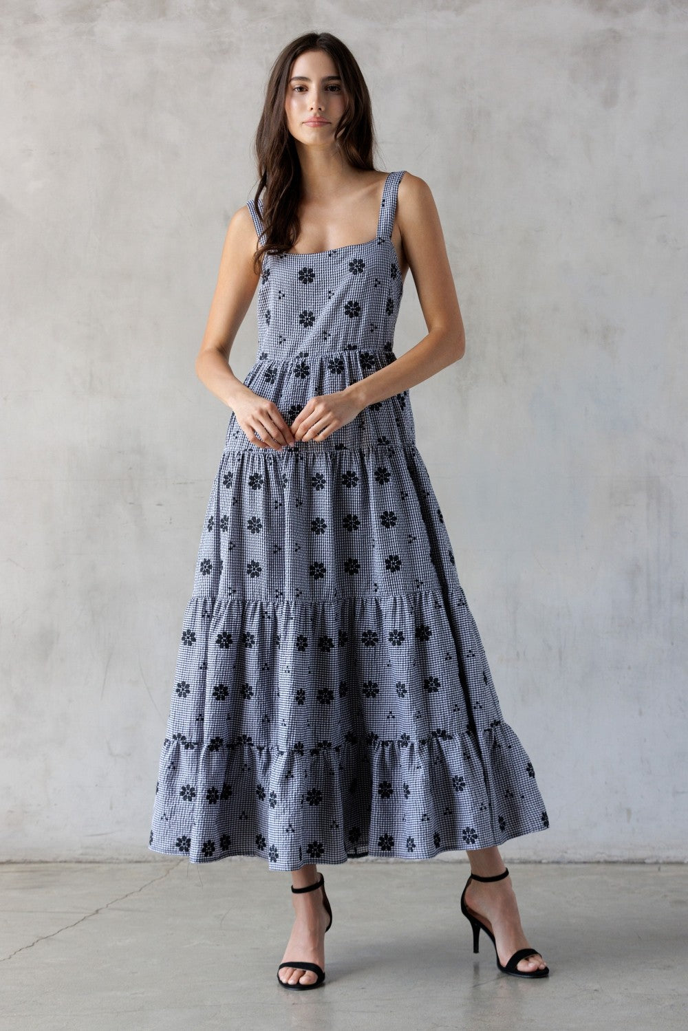 Black Gingham Floral Embroidered Maxi Dress