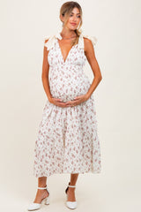 Ivory Floral Deep V-Neck Shoulder Tie Maternity Midi Dress