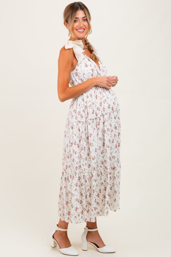Ivory Floral Deep V-Neck Shoulder Tie Maternity Midi Dress