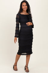 Black Lace Ruffle Tiered Off Shoulder Maternity Midi Dress