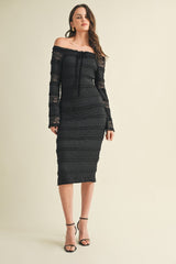 Black Lace Ruffle Tiered Off Shoulder Midi Dress