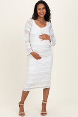 White Lace Ruffle Tiered Off Shoulder Maternity Midi Dress
