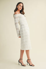 White Lace Ruffle Tiered Off Shoulder Midi Dress