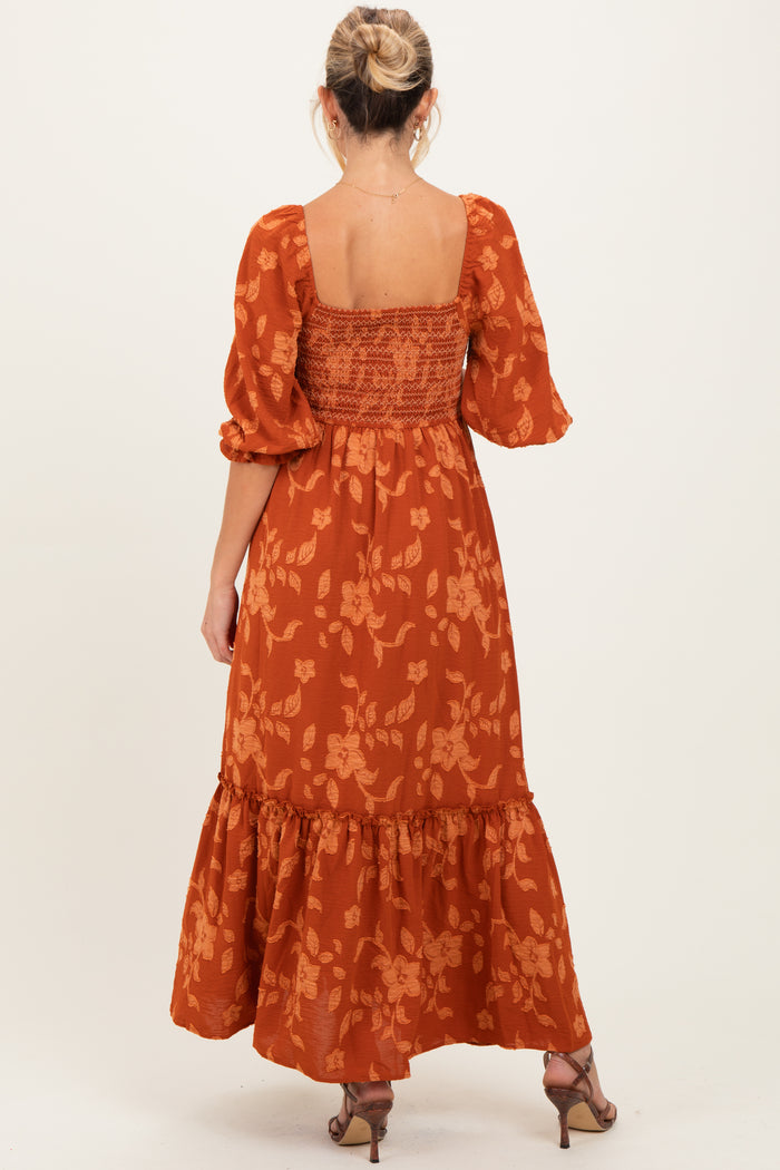 Rust Floral Print Smocked Bodice Maternity Maxi Dress