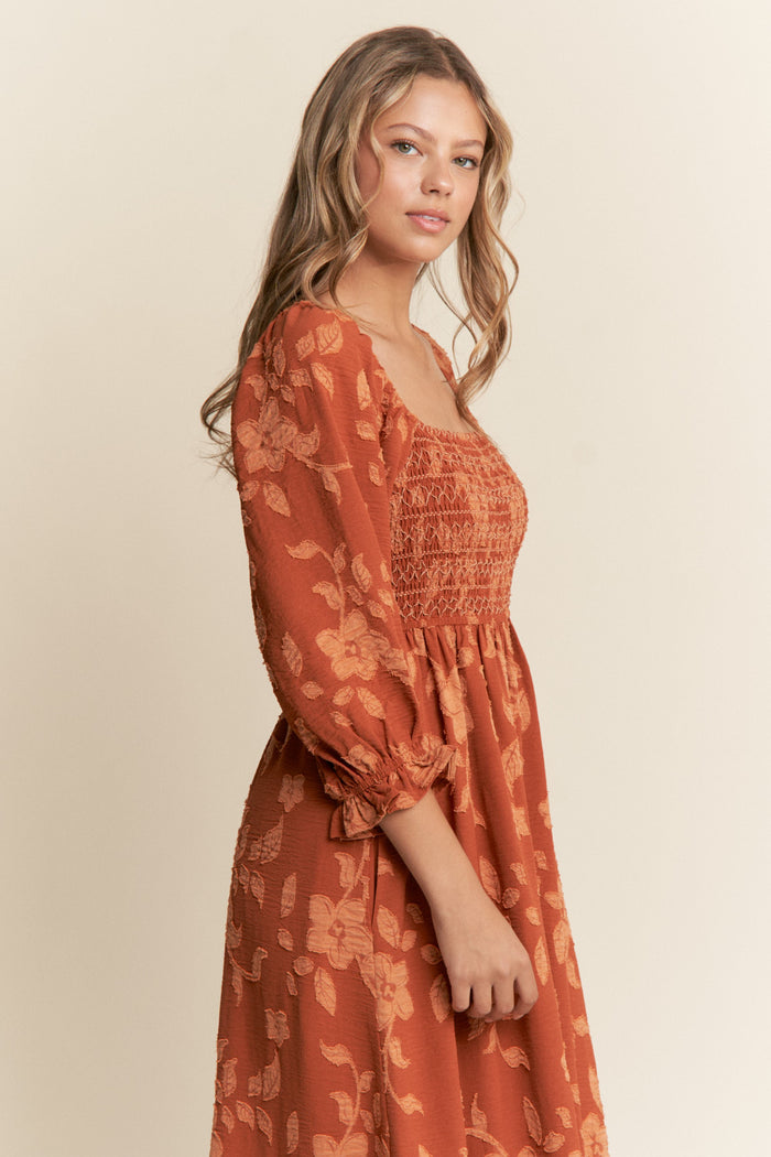 Rust Floral Print Smocked Bodice Maxi Dress