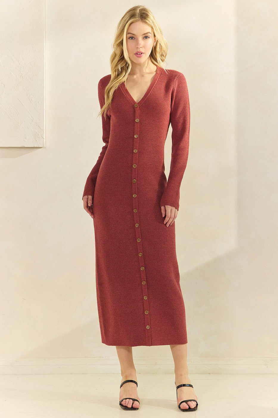 Rust Ribbed Knit Button Down Long Sleeve Midi Dress