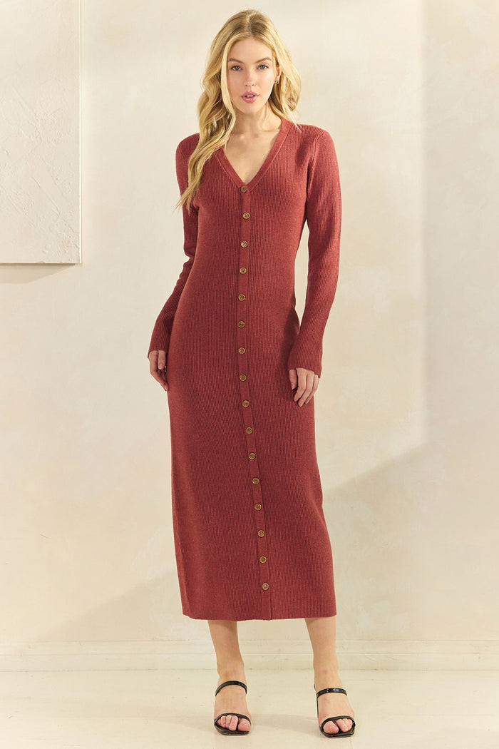 Rust Ribbed Knit Button Down Long Sleeve Maternity Midi Dress