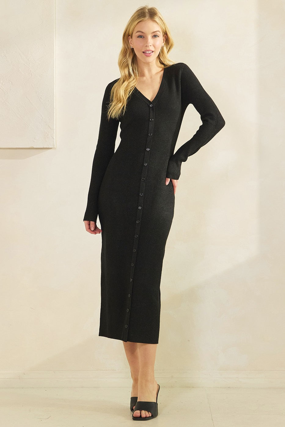 Black Ribbed Knit Button Down Long Sleeve Midi Dress