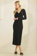 Black Ribbed Knit Button Down Long Sleeve Midi Dress