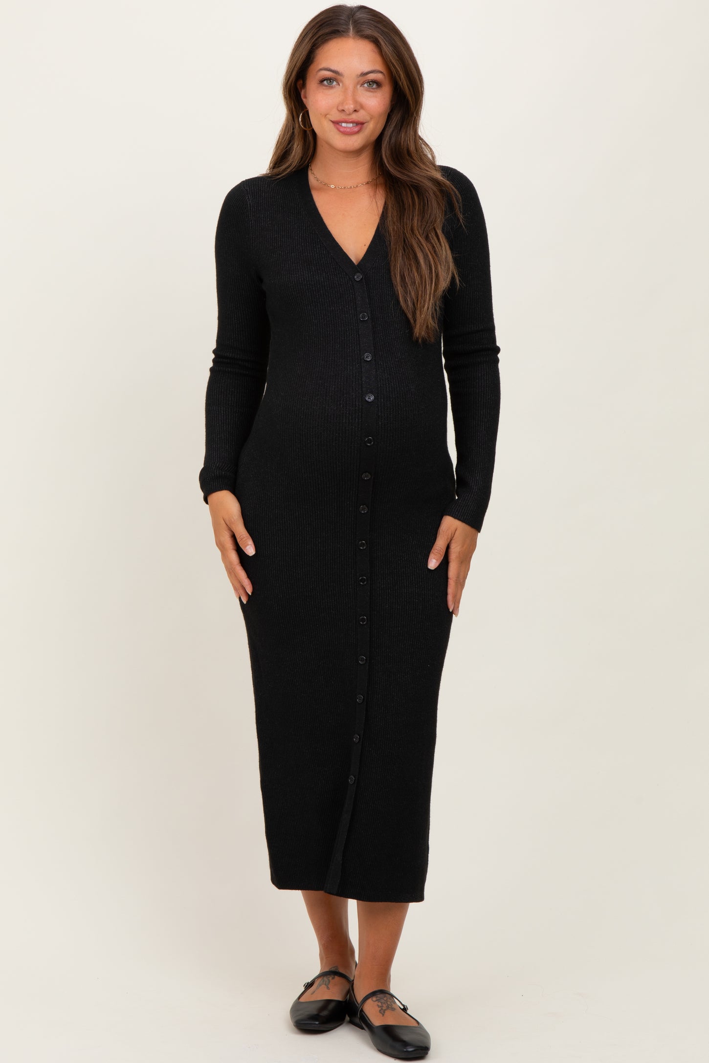 Black Ribbed Knit Button Down Long Sleeve Maternity Midi Dress