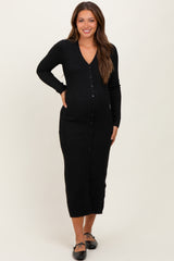 Black Ribbed Knit Button Down Long Sleeve Maternity Midi Dress