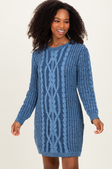 Blue Two Tone Cable Knit Mini Sweater Dress