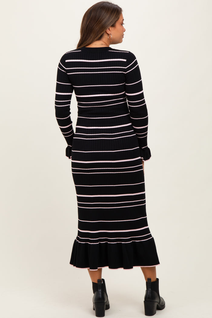 Black Striped Knit Ruffle Hem Button Down Maternity Midi Dress