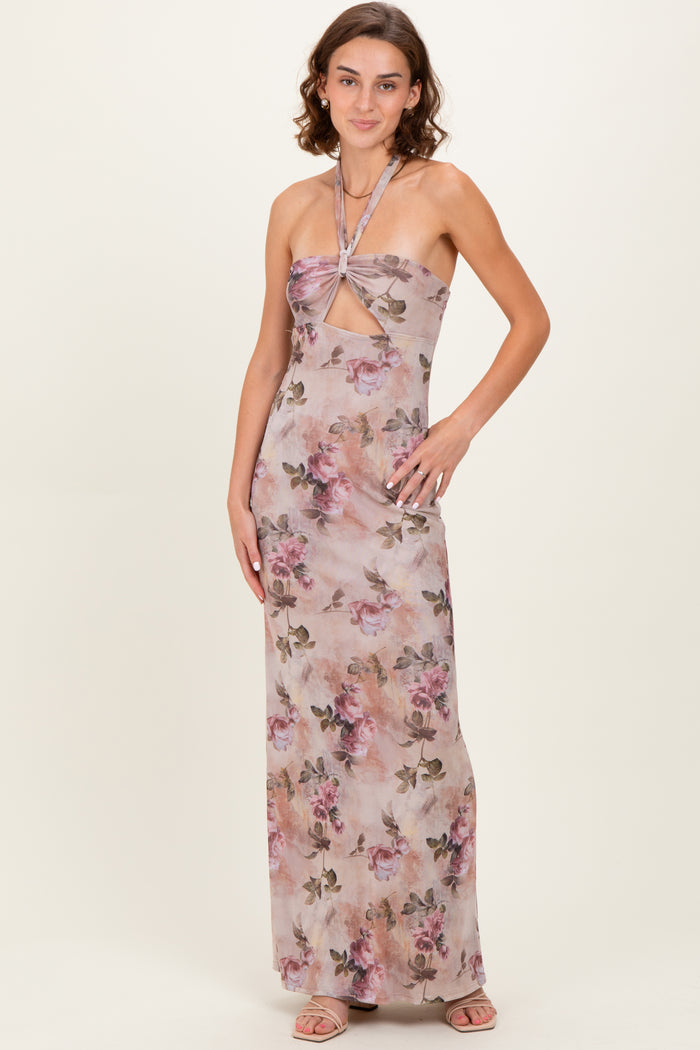 Mauve Floral Halter Cutout Maxi Dress