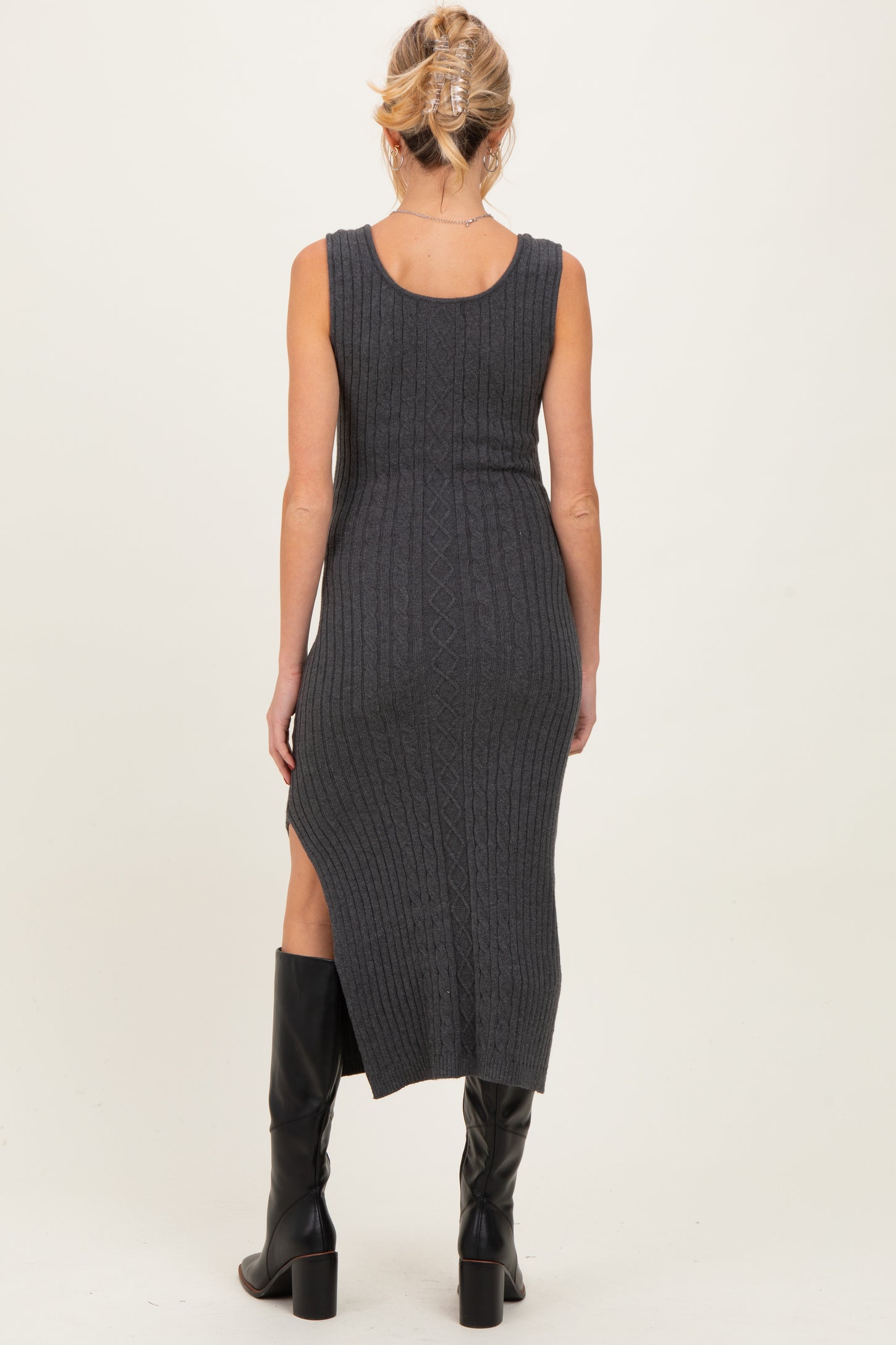 Charcoal Cable Knit Sleeveless Maternity Midi Dress