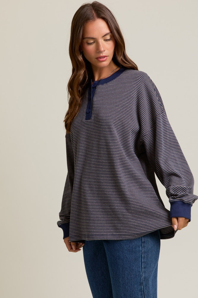 Navy Striped Oversized Button Up Pullover Top