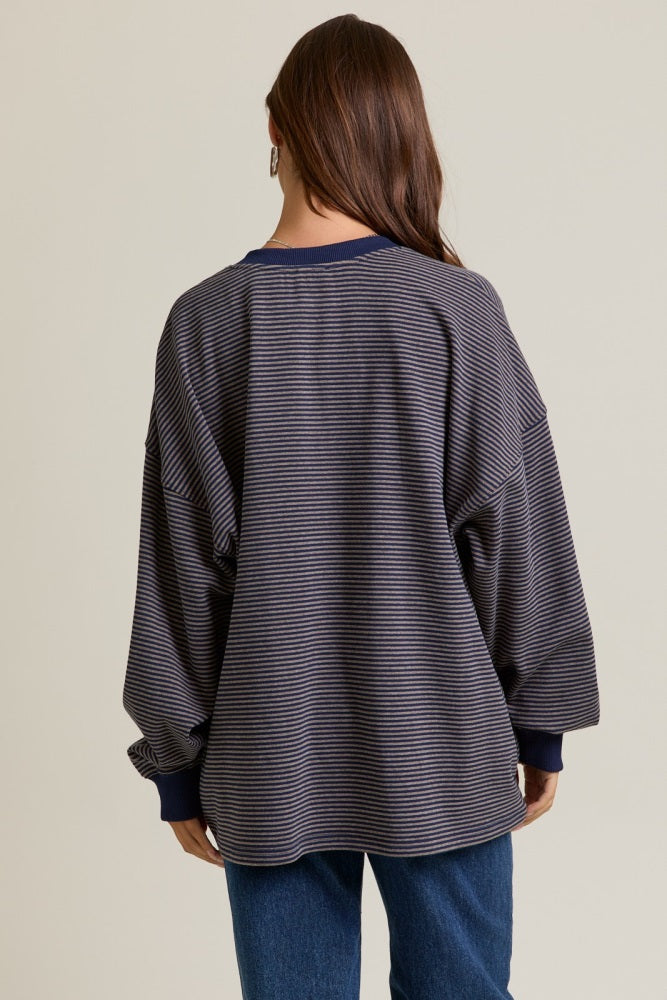Navy Striped Oversized Button Up Pullover Top