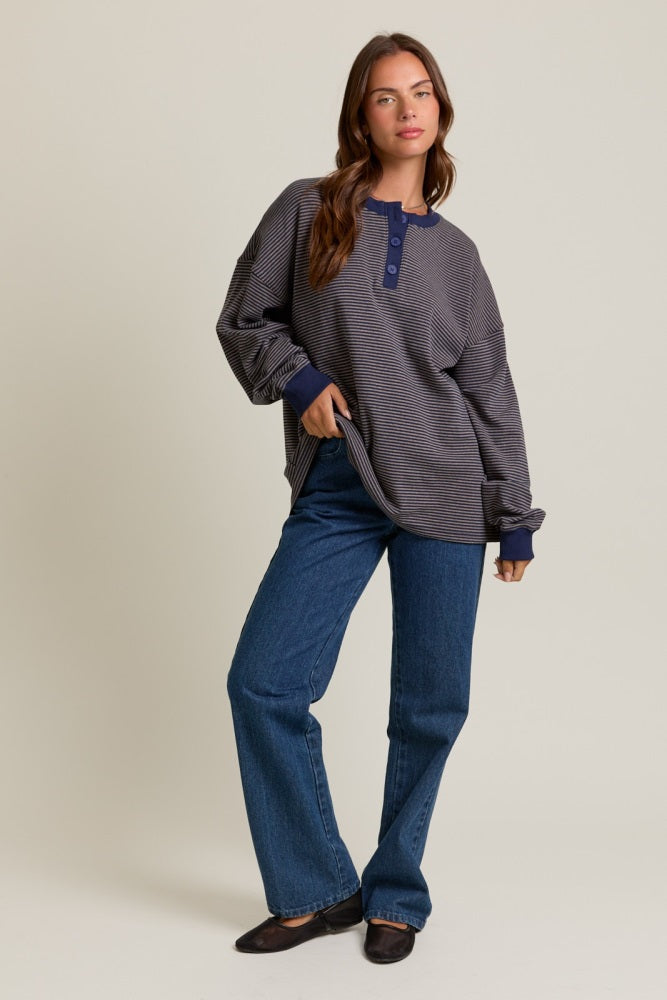 Navy Striped Oversized Button Up Pullover Top