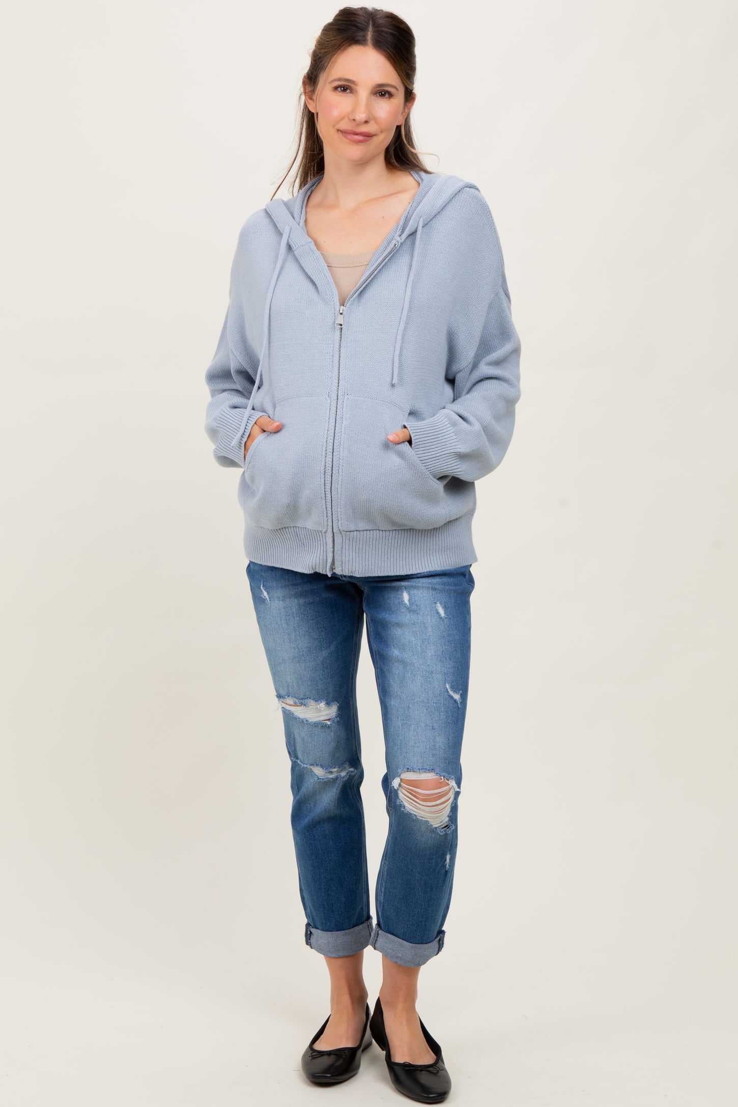 Light Blue Oversized Sweater Knit Maternity Hoodie