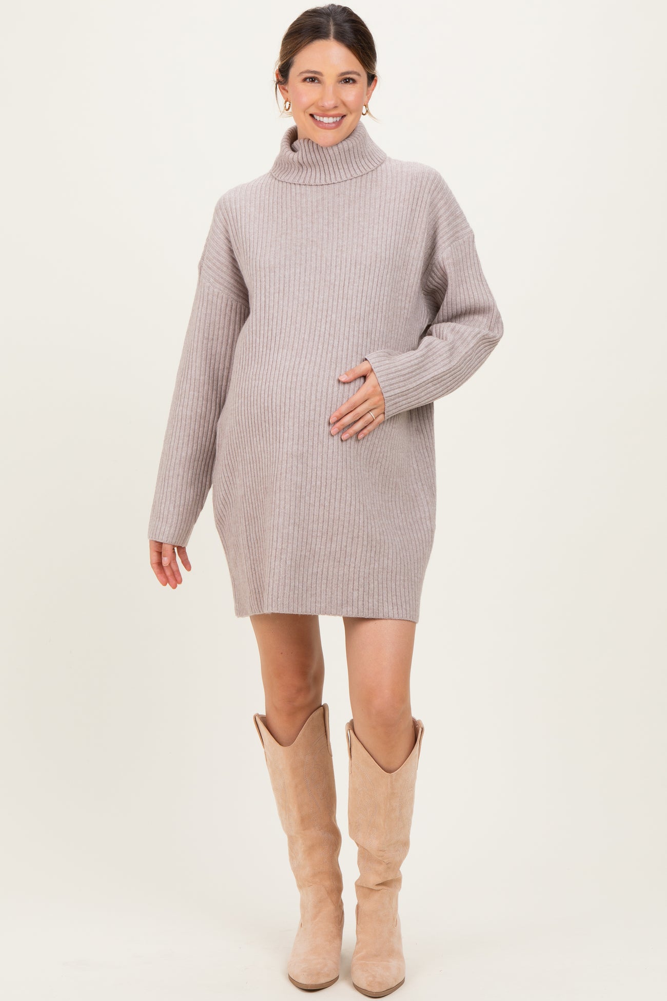 Taupe Turtleneck Chunky Knit Maternity Sweater Dress