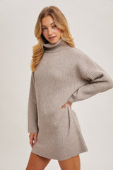 Taupe Turtleneck Chunky Knit Sweater Dress