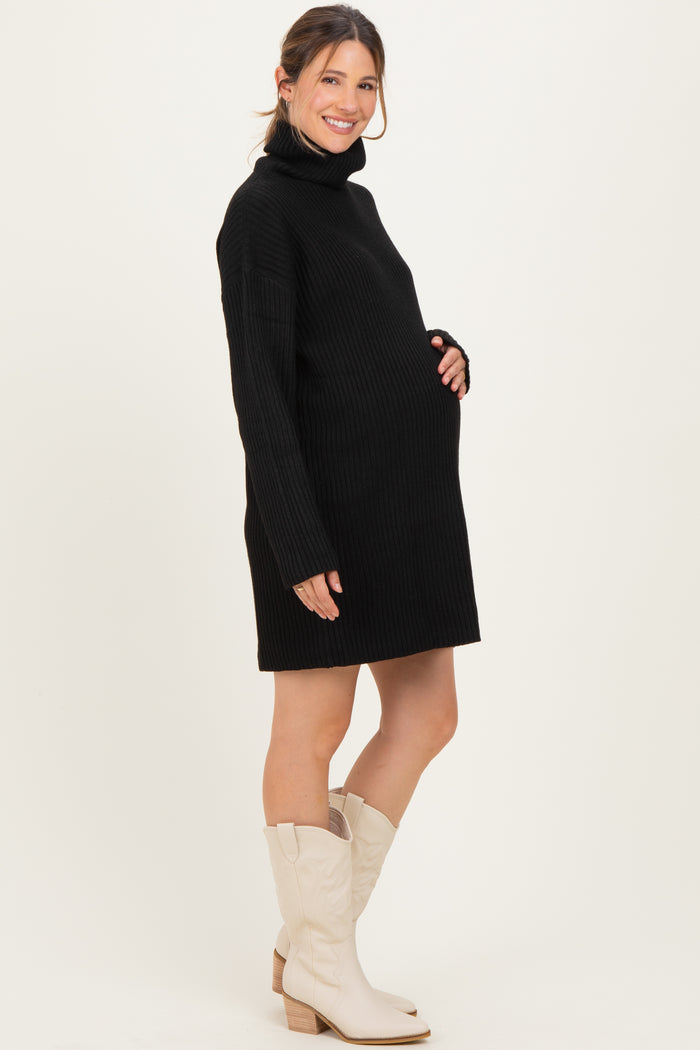 Black Turtleneck Chunky Knit Maternity Sweater Dress