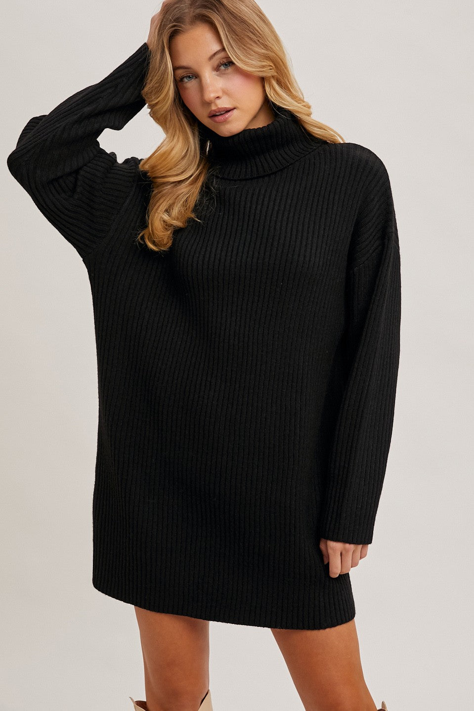 Black Turtleneck Chunky Knit Sweater Dress