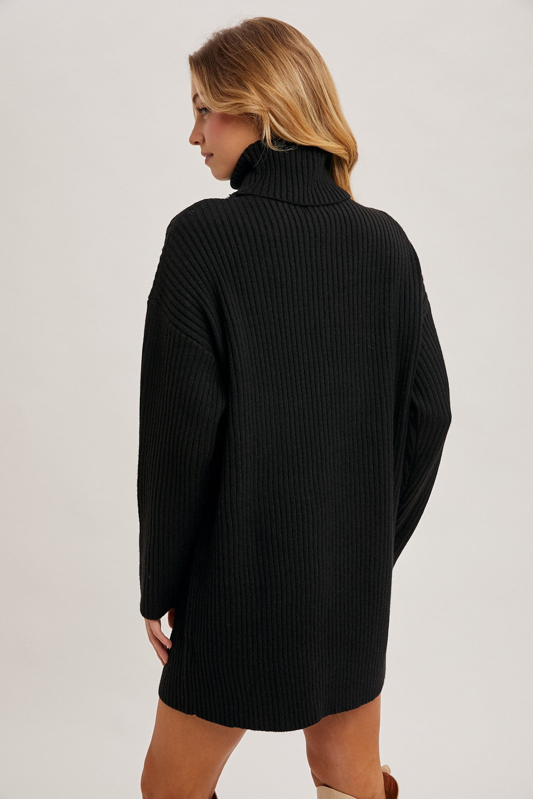 Black Turtleneck Chunky Knit Sweater Dress