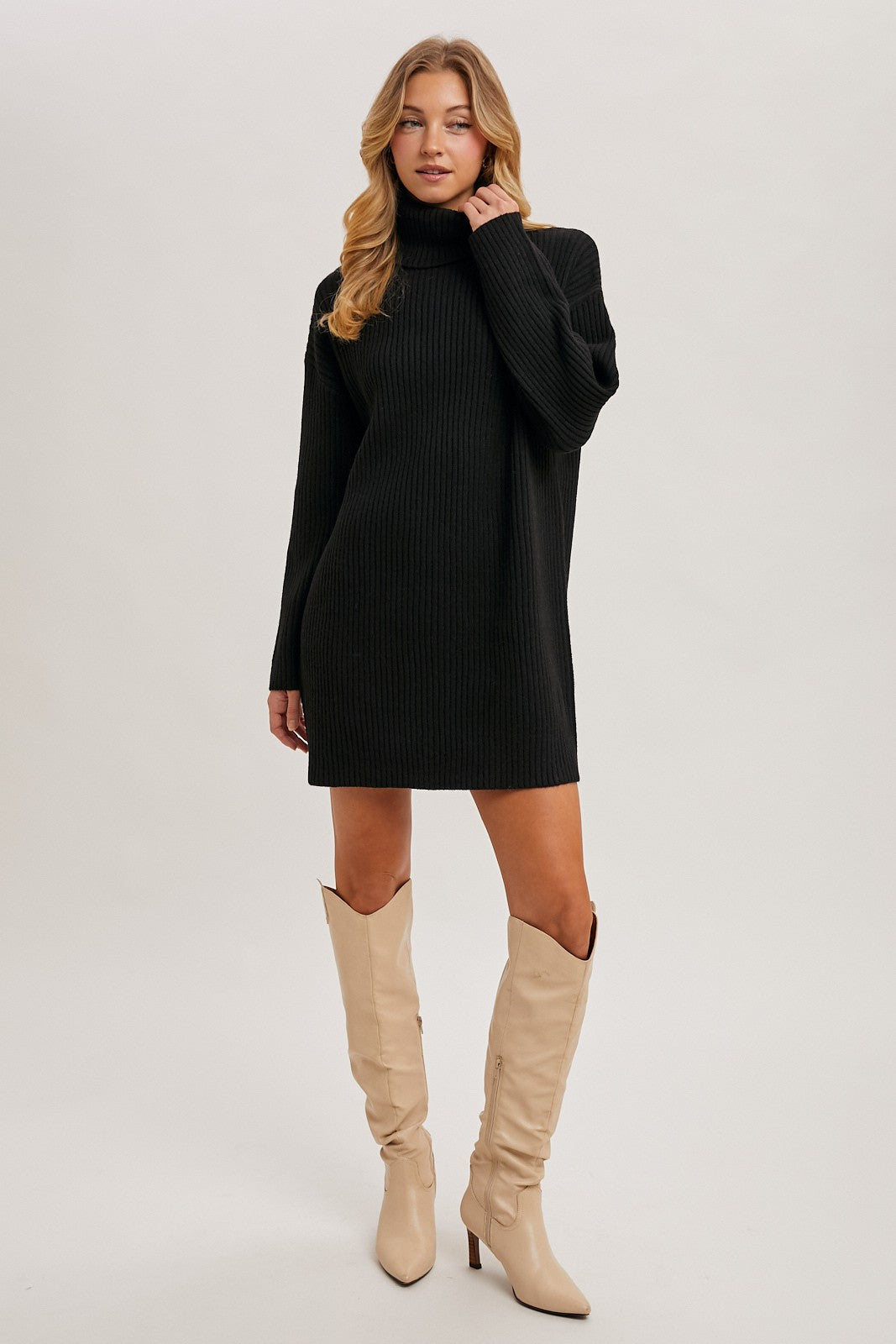 Black Turtleneck Chunky Knit Sweater Dress
