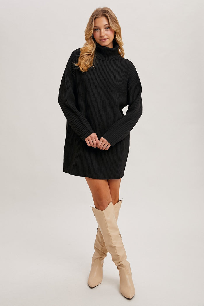Black Turtleneck Chunky Knit Sweater Dress
