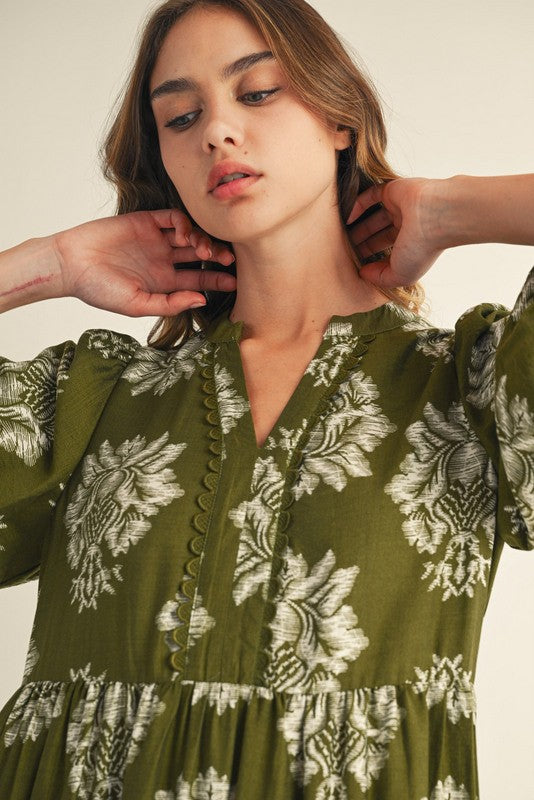 Olive Floral V-Neck 3/4 Sleeve Midi Dress