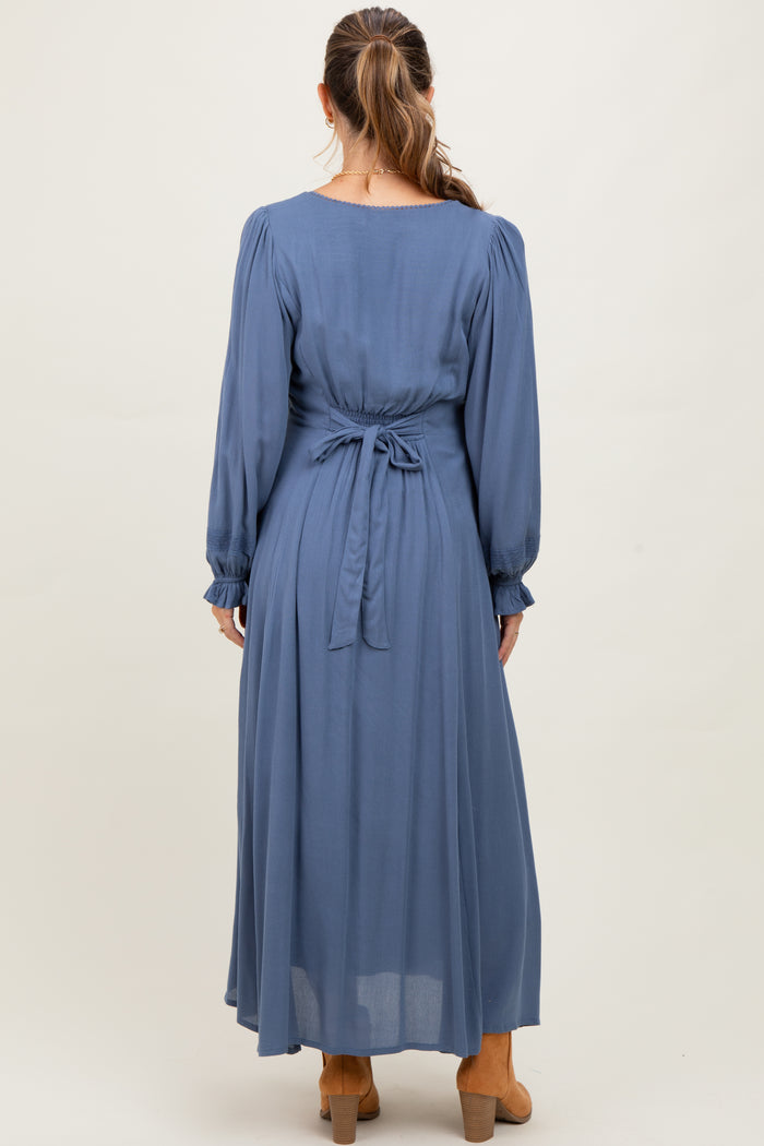 Blue Lace Detail Button Down Maternity Maxi Dress