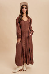 Brown Lace Detail Button Down Maxi Dress