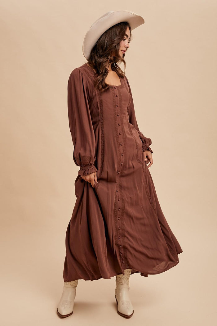 Brown Lace Detail Button Down Maternity Maxi Dress