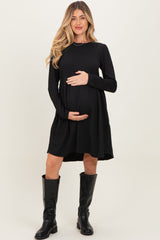 Black Textured Rib Long Sleeve Maternity Dress