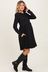 Black Textured Rib Long Sleeve Maternity Dress